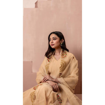 AM by Anita Mittal Beige Ruhani Anarkali Kurta with Pant and Dupatta