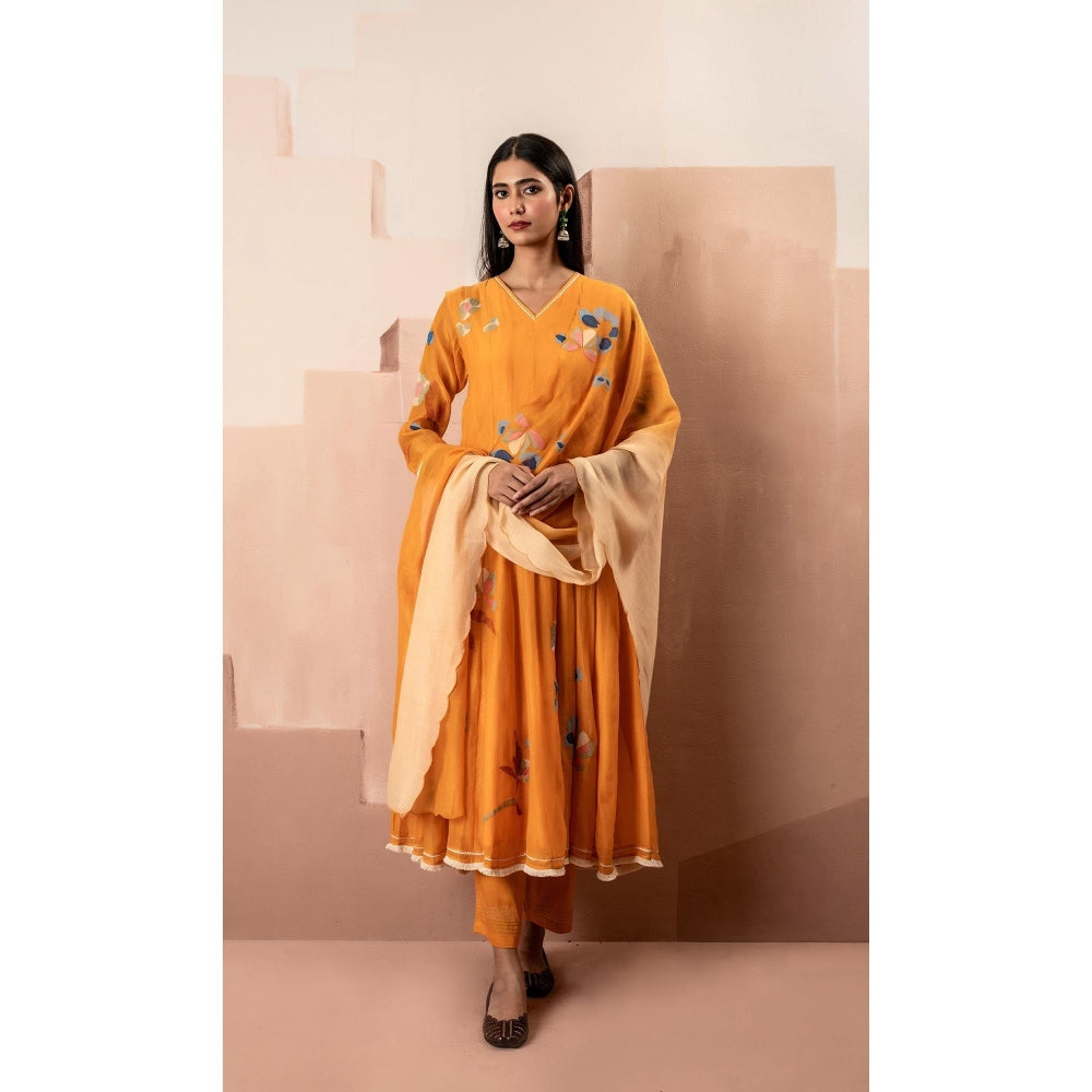 AM by Anita Mittal Orange Frida Anarkali Kurta with Pant and Dupatta