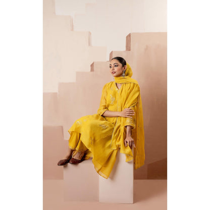 AM by Anita Mittal Gul A-Line Yellow Kurta with Pant and Dupatta
