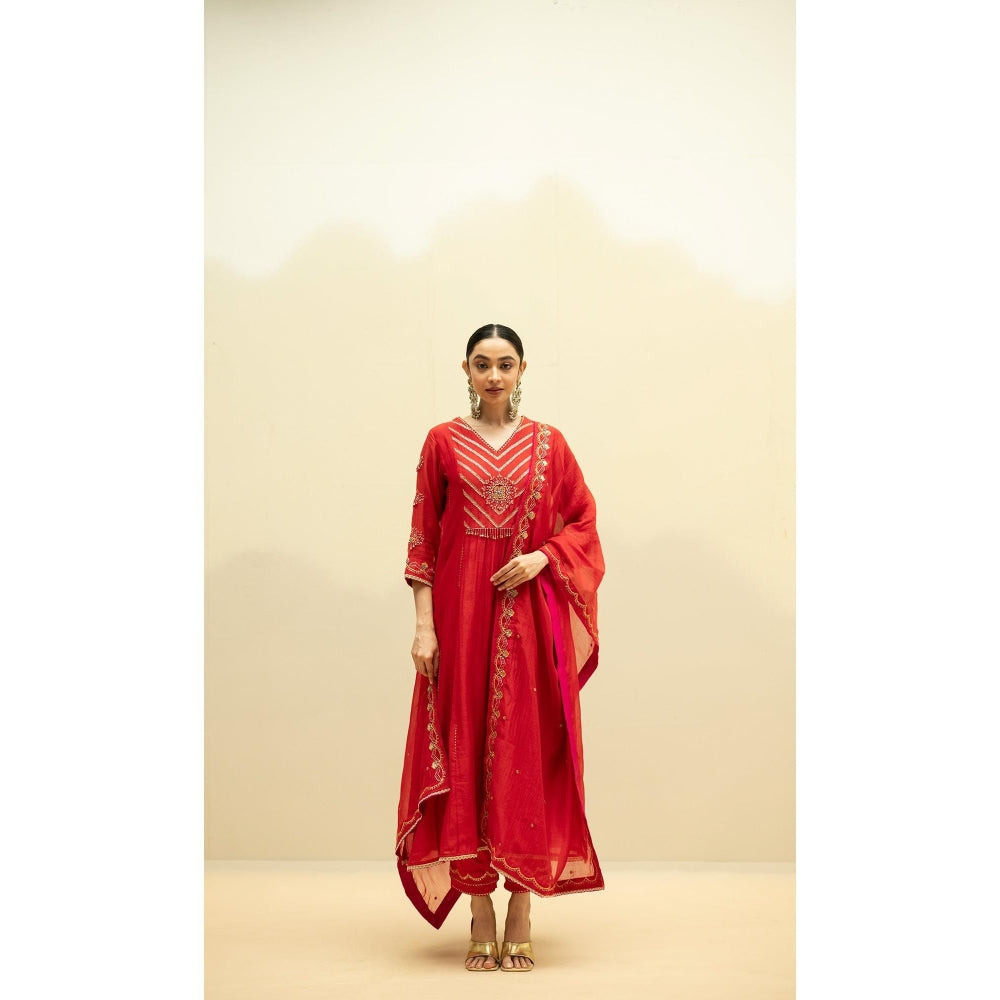 AM by Anita Mittal Jhoomar Red Kurta with Pant and Dupatta