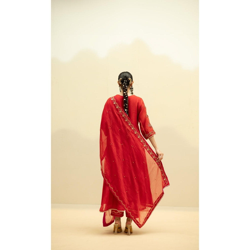 AM by Anita Mittal Jhoomar Red Kurta with Pant and Dupatta