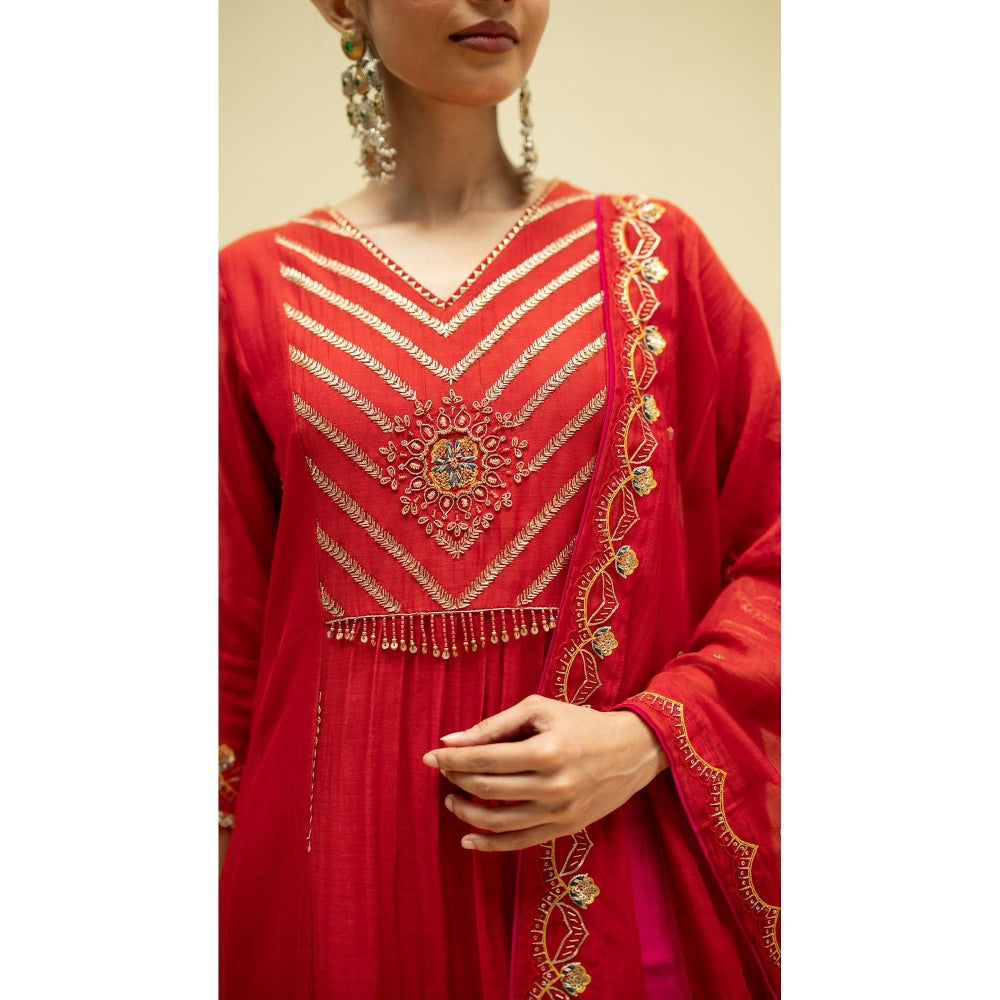 AM by Anita Mittal Jhoomar Red Kurta with Pant and Dupatta