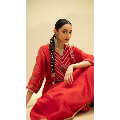 AM by Anita Mittal Jhoomar Red Kurta with Pant and Dupatta