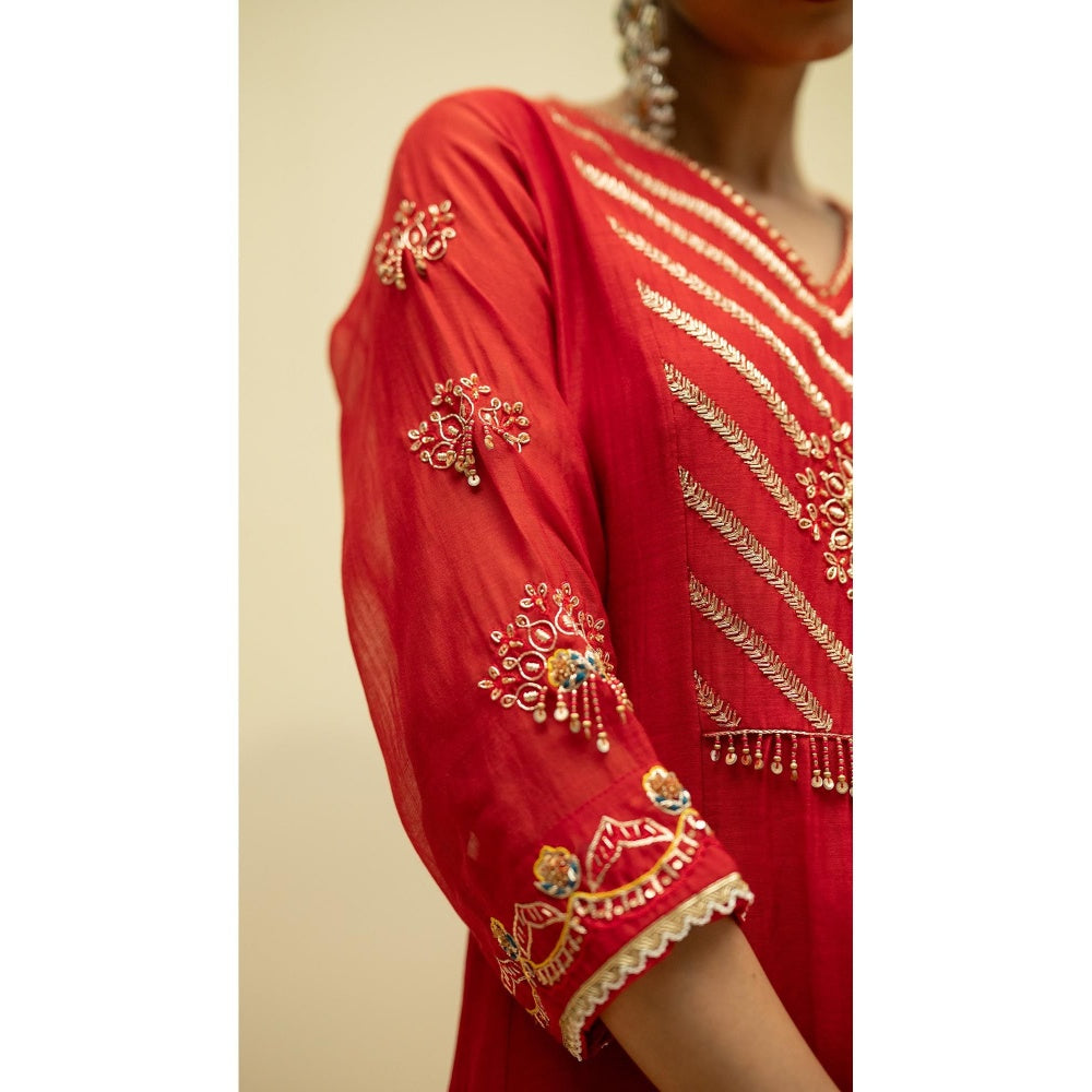 AM by Anita Mittal Jhoomar Red Kurta with Pant and Dupatta