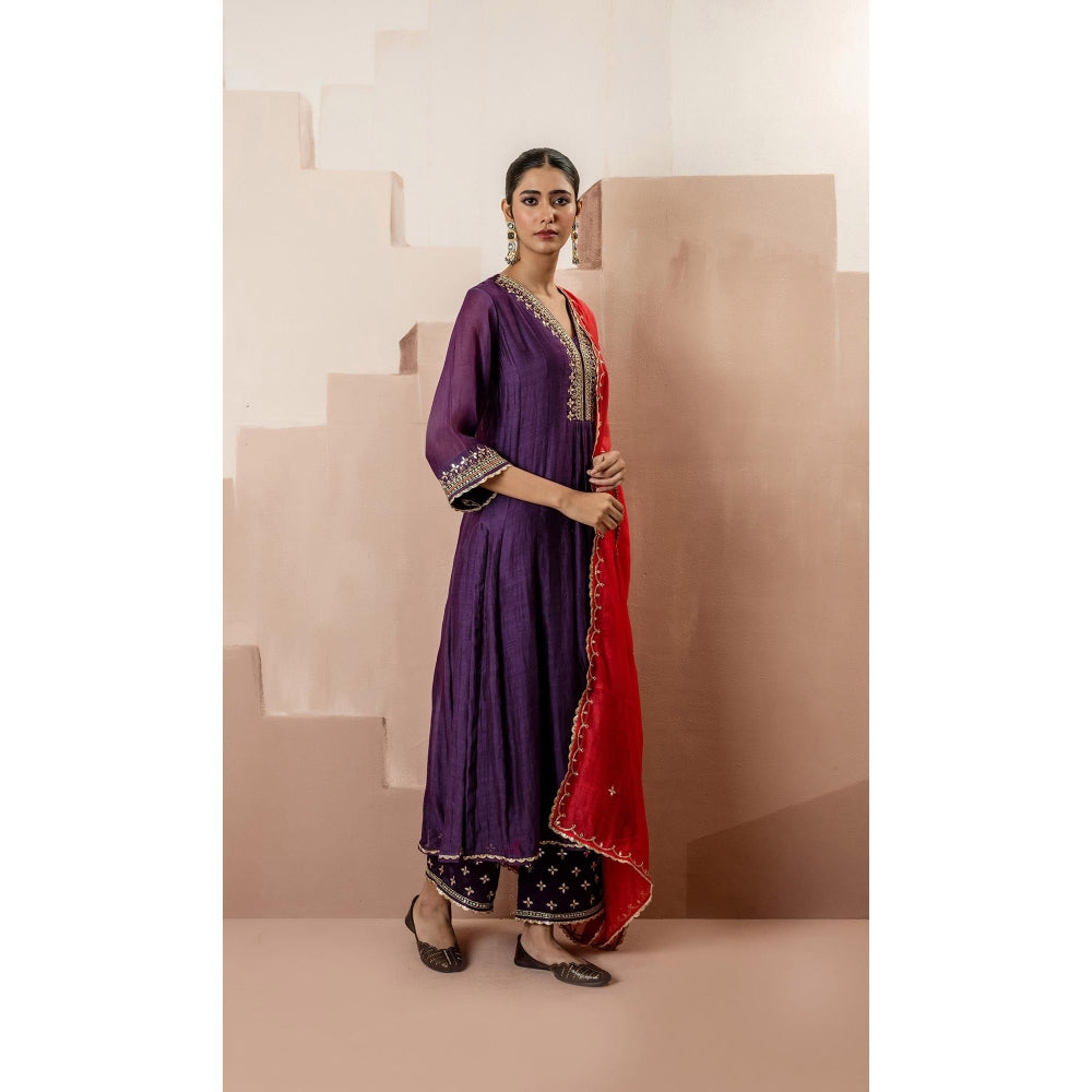 AM by Anita Mittal Sunehri A-Line Purple Anarkali with Pant and Dupatta