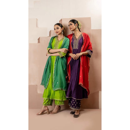 AM by Anita Mittal Sunehri A-Line Purple Anarkali with Pant and Dupatta