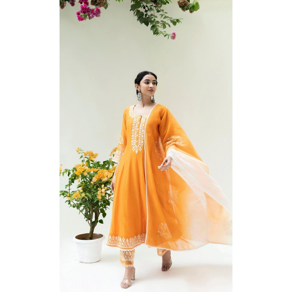 AM by Anita Mittal Orange Parchhai Anarkali Kurta with Pant and Dupatta