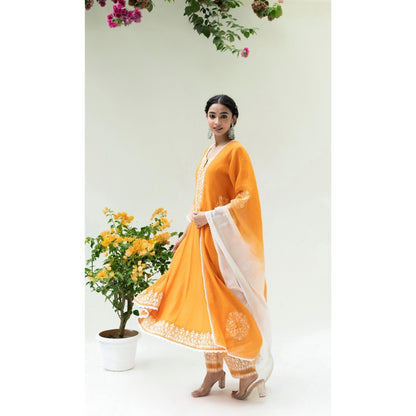AM by Anita Mittal Orange Parchhai Anarkali Kurta with Pant and Dupatta
