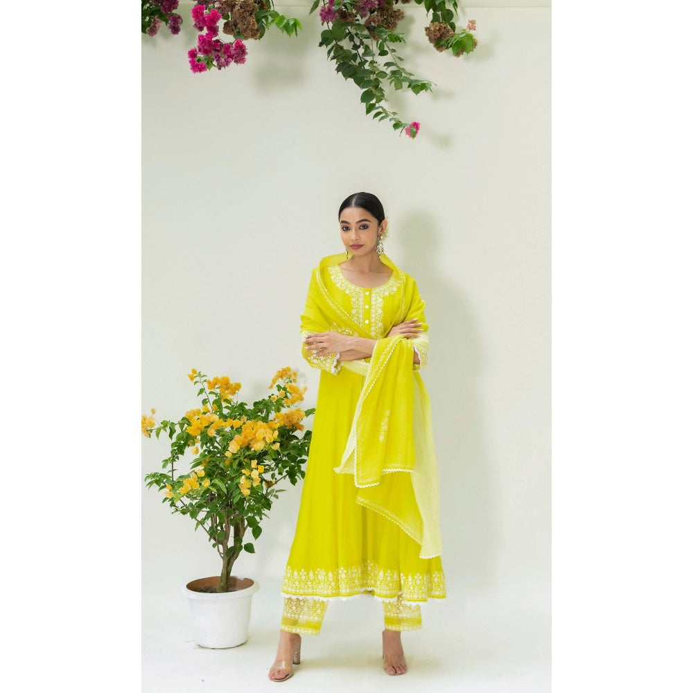 AM by Anita Mittal Green Parchhai Anarkali Kurta with Pant and Dupatta
