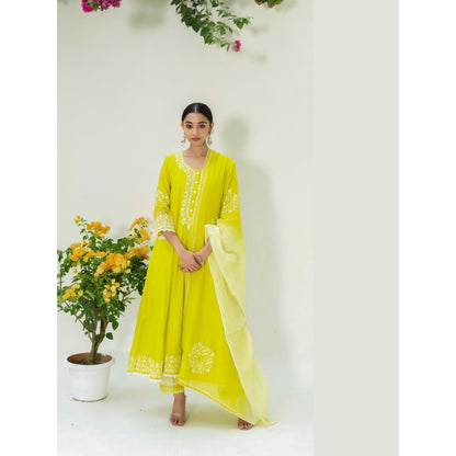 AM by Anita Mittal Green Parchhai Anarkali Kurta with Pant and Dupatta