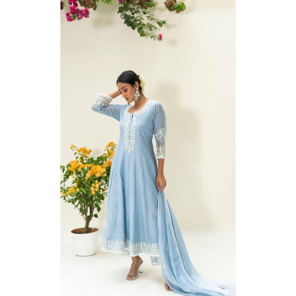 AM by Anita Mittal Blue Parchhai Anarkali Kurta with Pant and Dupatta