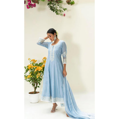AM by Anita Mittal Blue Parchhai Anarkali Kurta with Pant and Dupatta