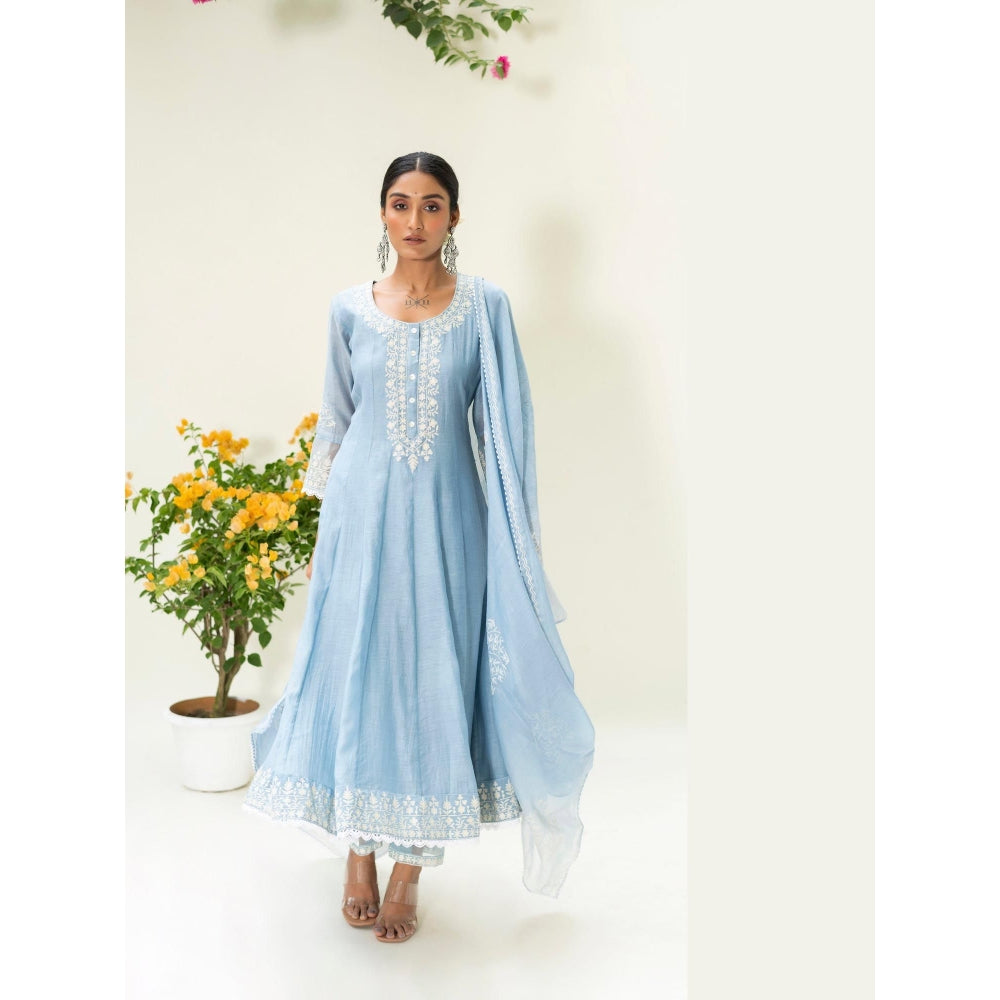 AM by Anita Mittal Blue Parchhai Anarkali Kurta with Pant and Dupatta