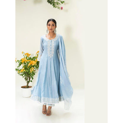 AM by Anita Mittal Blue Parchhai Anarkali Kurta with Pant and Dupatta