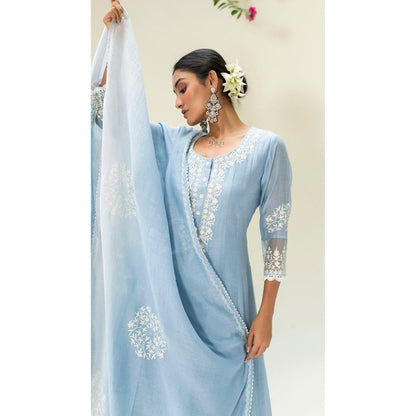 AM by Anita Mittal Blue Parchhai Anarkali Kurta with Pant and Dupatta