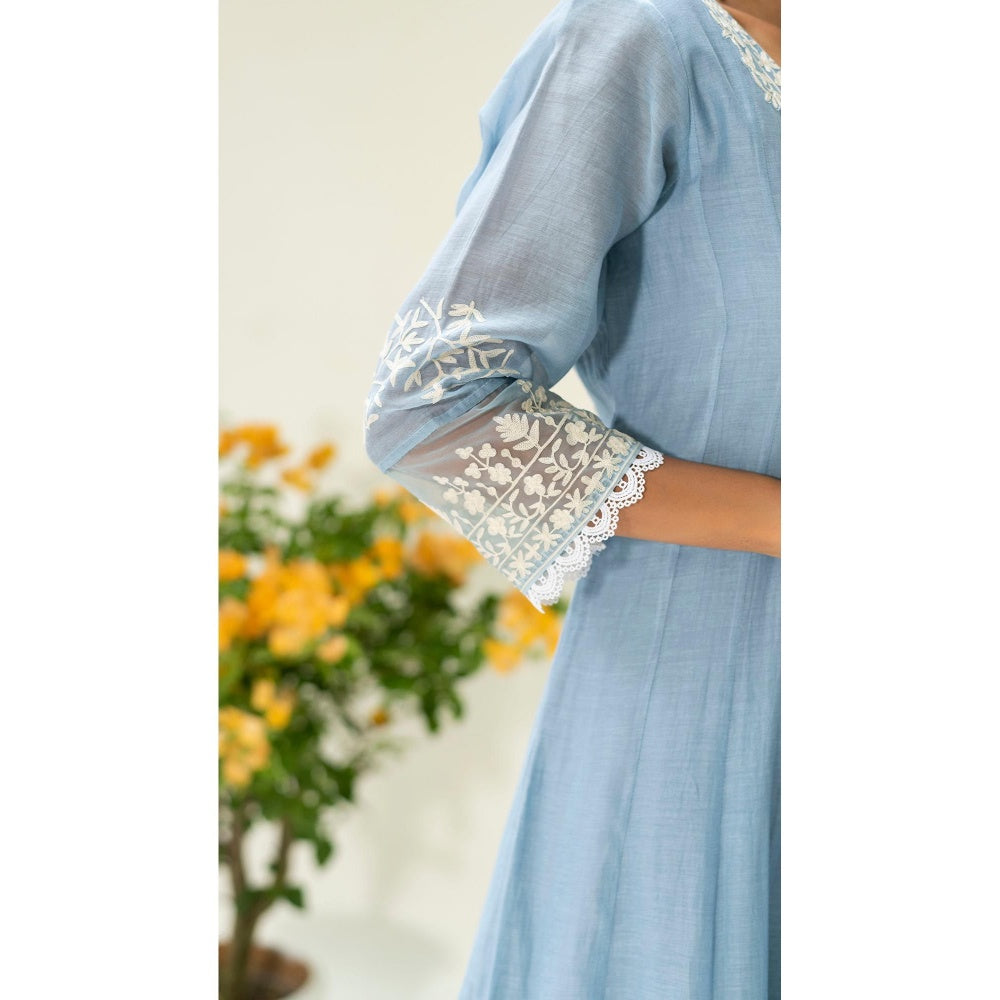 AM by Anita Mittal Blue Parchhai Anarkali Kurta with Pant and Dupatta