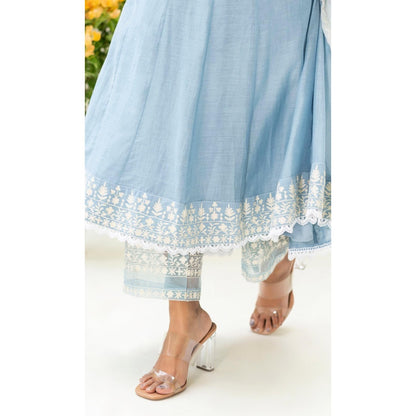 AM by Anita Mittal Blue Parchhai Anarkali Kurta with Pant and Dupatta
