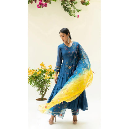AM by Anita Mittal Navy Blue Soch Side-Gather Anarkali Kurta with Pant and Dupatta