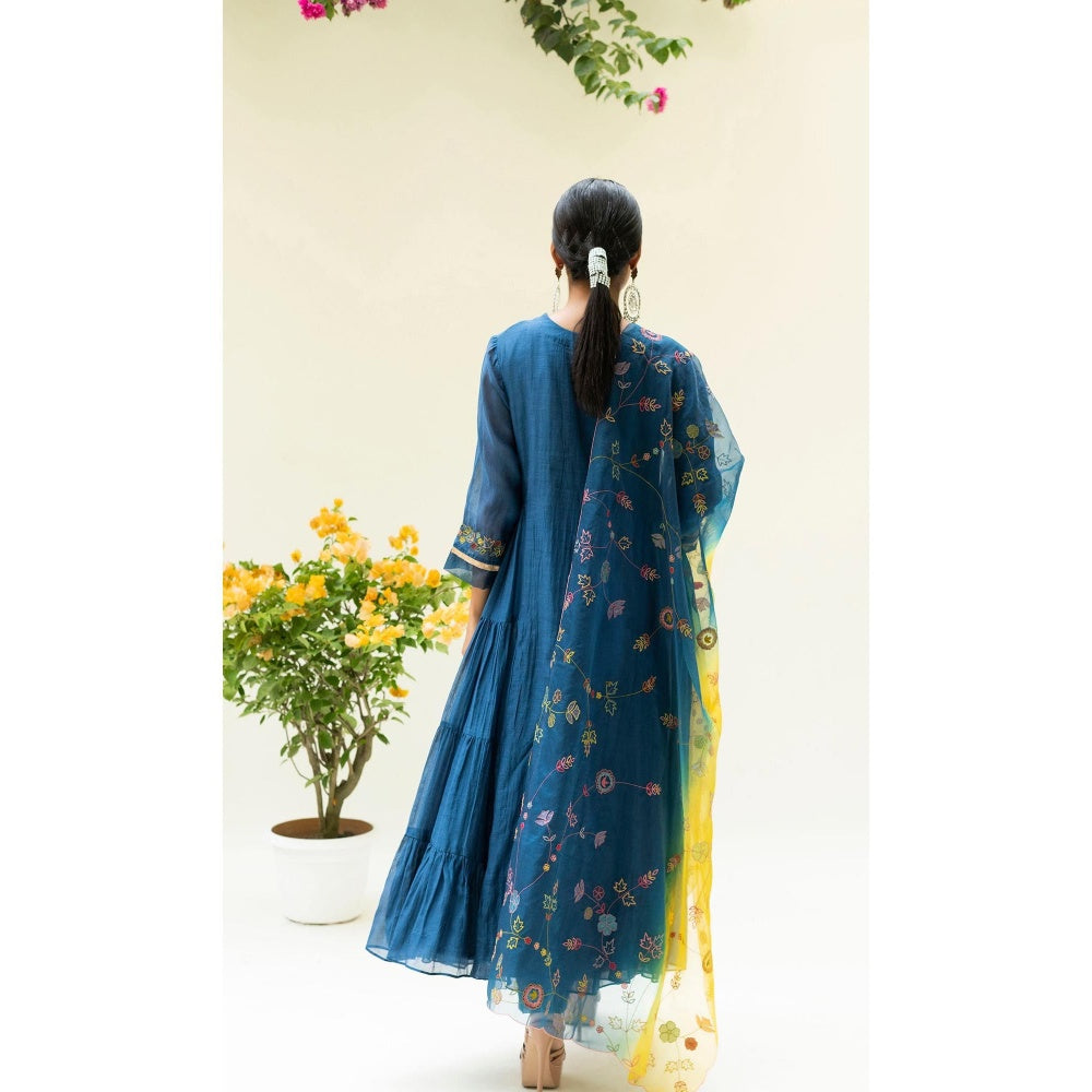 AM by Anita Mittal Navy Blue Soch Side-Gather Anarkali Kurta with Pant and Dupatta