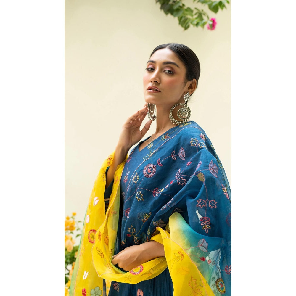 AM by Anita Mittal Navy Blue Soch Side-Gather Anarkali Kurta with Pant and Dupatta