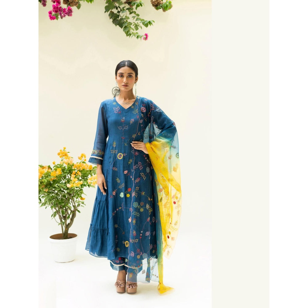 AM by Anita Mittal Navy Blue Soch Side-Gather Anarkali Kurta with Pant and Dupatta