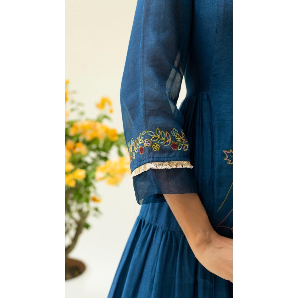 AM by Anita Mittal Navy Blue Soch Side-Gather Anarkali Kurta with Pant and Dupatta
