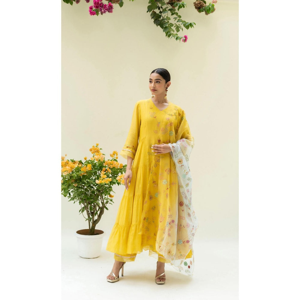 AM by Anita Mittal Yellow Soch Side-Gather Anarkali Kurta with Pant and Dupatta