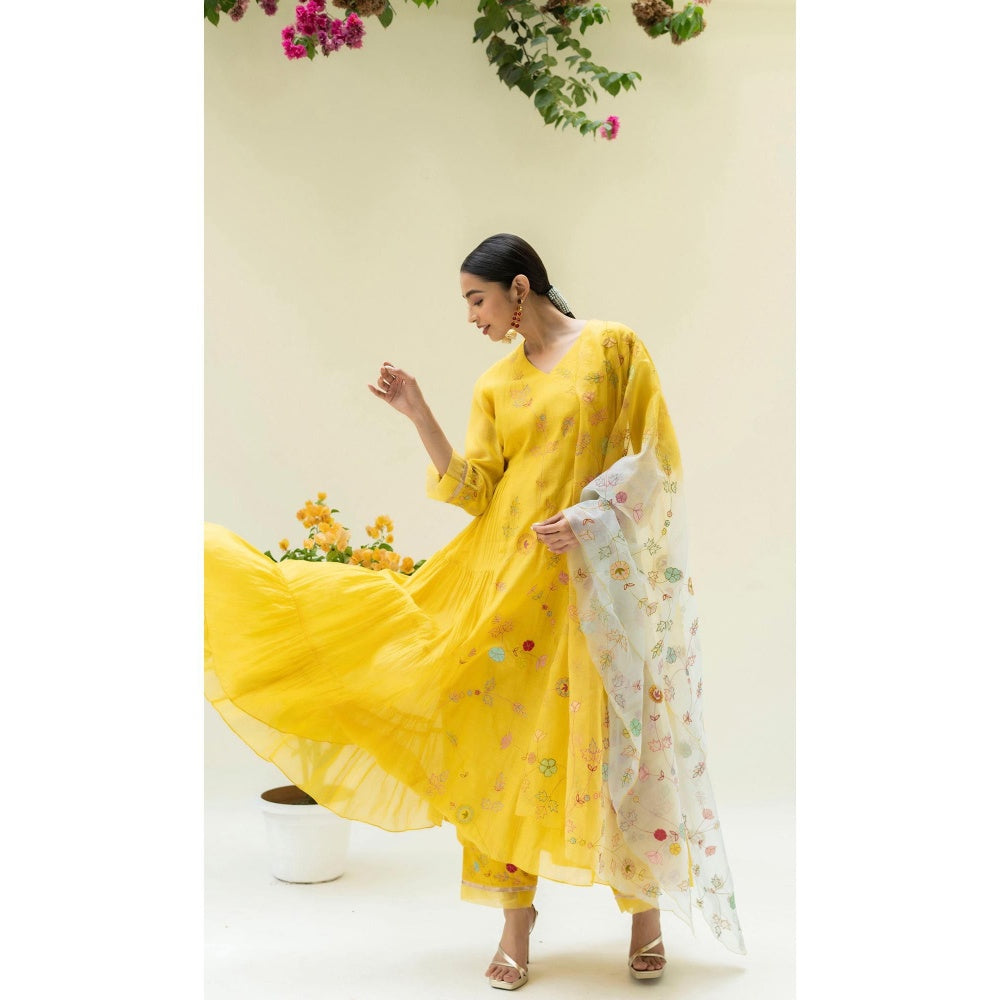 AM by Anita Mittal Yellow Soch Side-Gather Anarkali Kurta with Pant and Dupatta