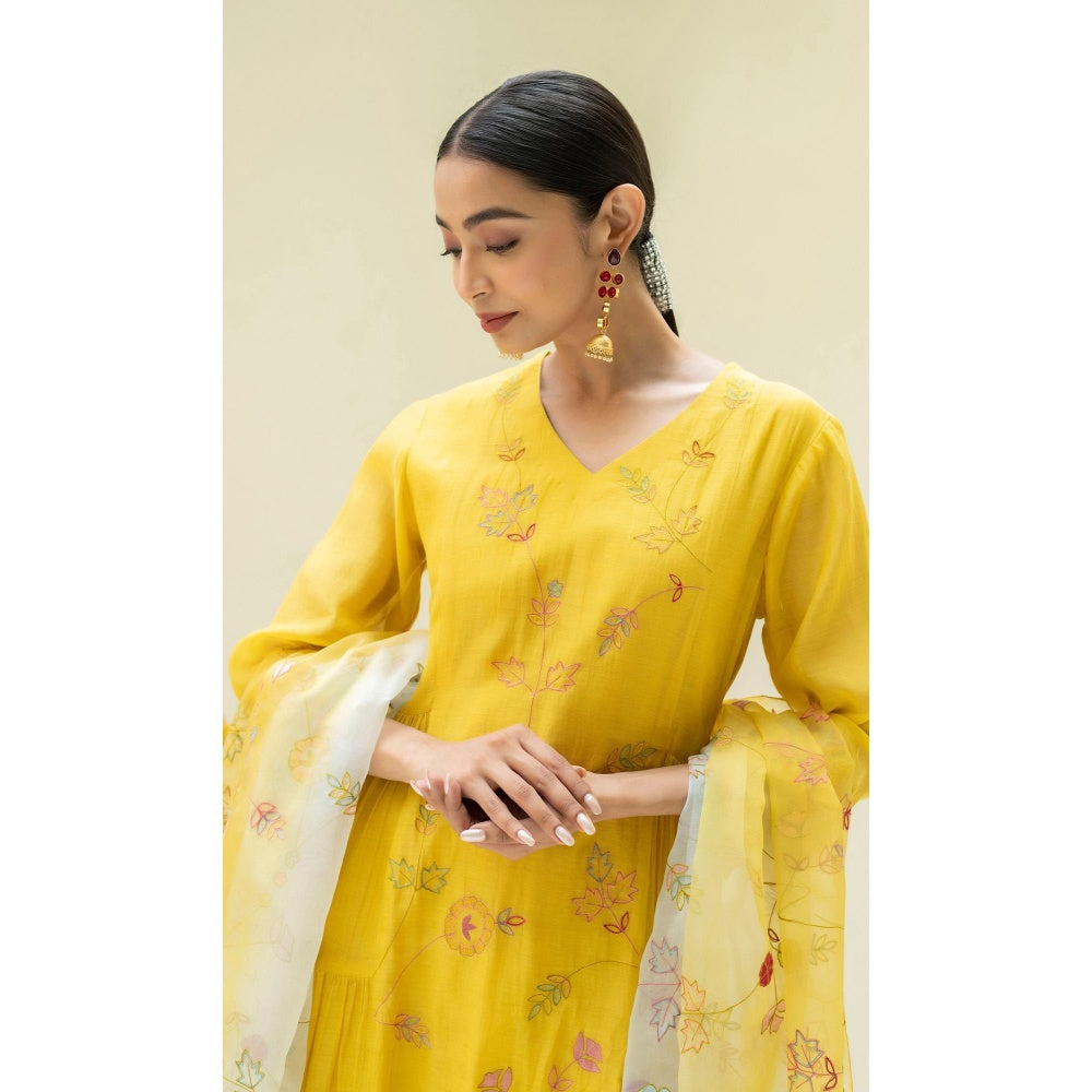AM by Anita Mittal Yellow Soch Side-Gather Anarkali Kurta with Pant and Dupatta
