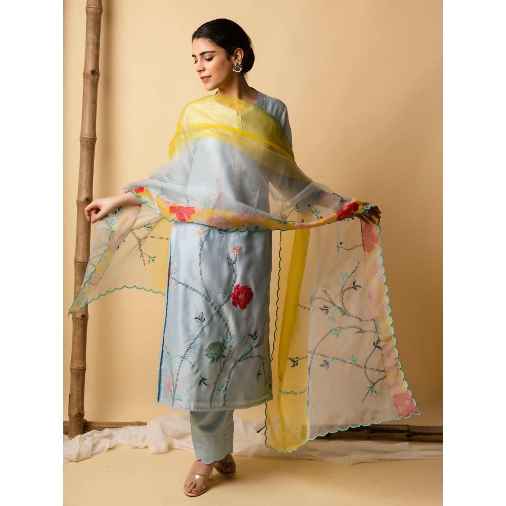 AM by Anita Mittal Blue Floral Applique Kurta with Pant and Dupatta