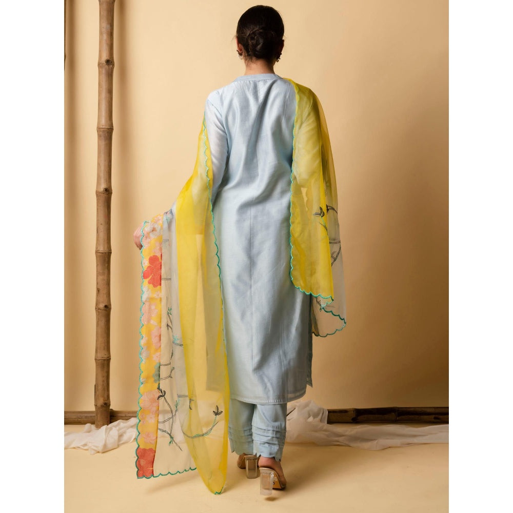 AM by Anita Mittal Blue Floral Applique Kurta with Pant and Dupatta
