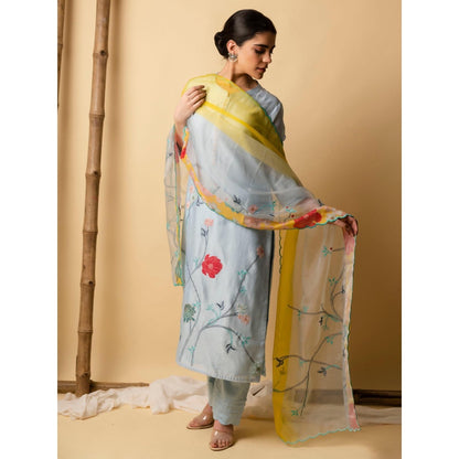 AM by Anita Mittal Blue Floral Applique Kurta with Pant and Dupatta