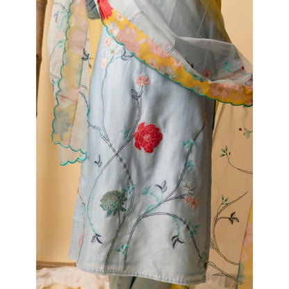 AM by Anita Mittal Blue Floral Applique Kurta with Pant and Dupatta