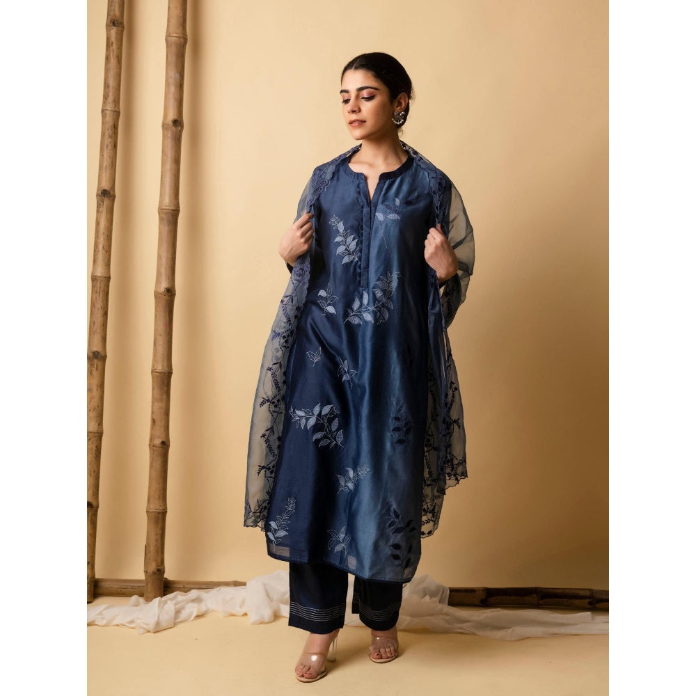 AM by Anita Mittal Blue Leaf Applique Kurta with Pant and Dupatta