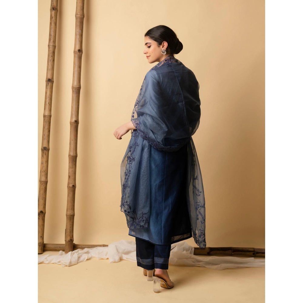 AM by Anita Mittal Blue Leaf Applique Kurta with Pant and Dupatta