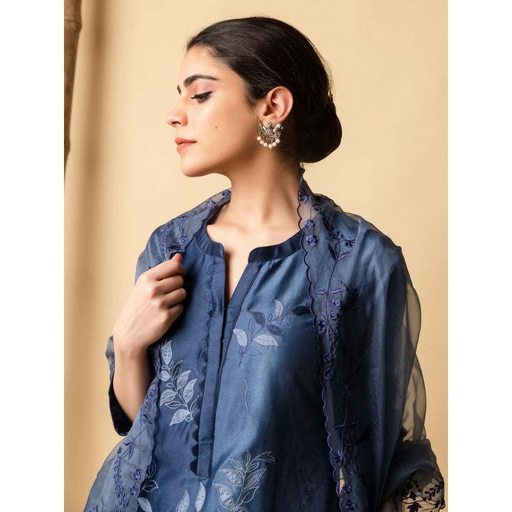 AM by Anita Mittal Blue Leaf Applique Kurta with Pant and Dupatta