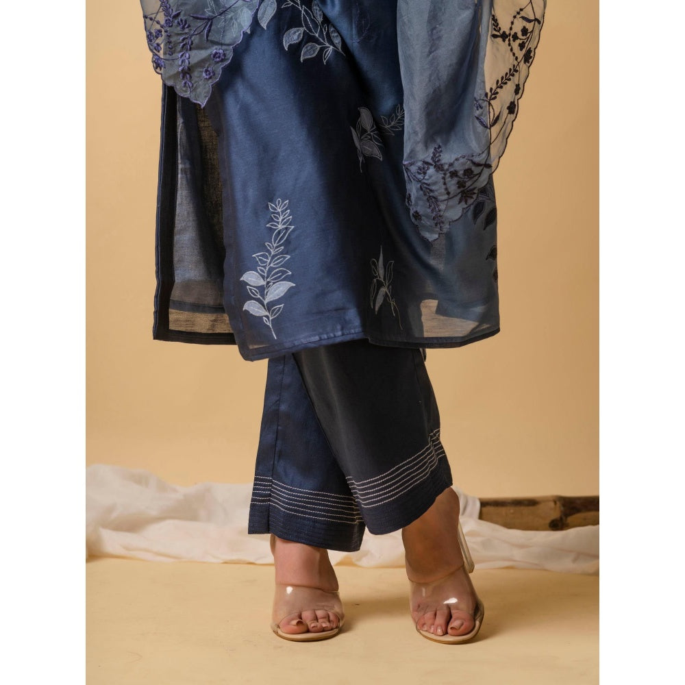 AM by Anita Mittal Blue Leaf Applique Kurta with Pant and Dupatta