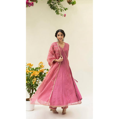 AM by Anita Mittal Pink Muskat Angrakha Kurta with Pant and Dupatta