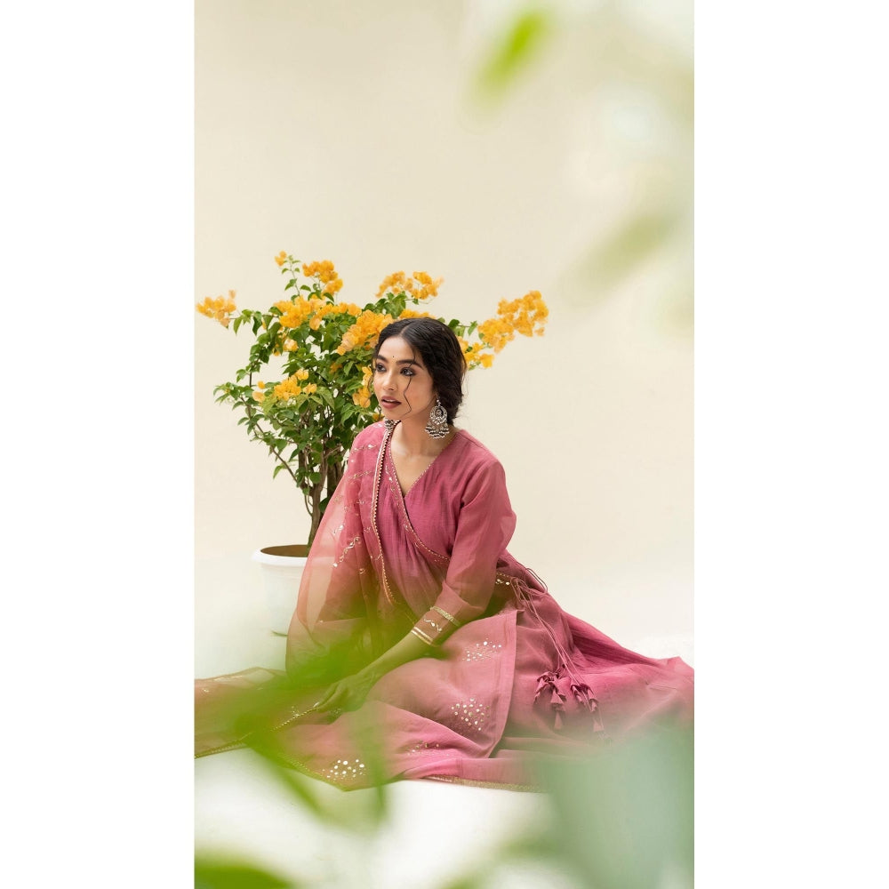 AM by Anita Mittal Pink Muskat Angrakha Kurta with Pant and Dupatta