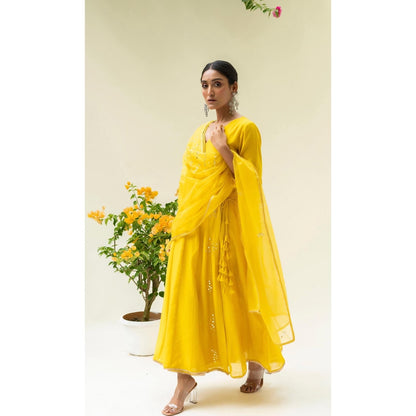AM by Anita Mittal Yellow Muskat Angrakha Kurta with Pant and Dupatta