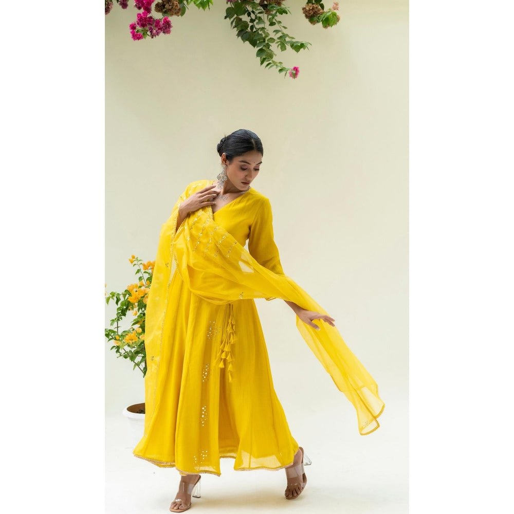 AM by Anita Mittal Yellow Muskat Angrakha Kurta with Pant and Dupatta