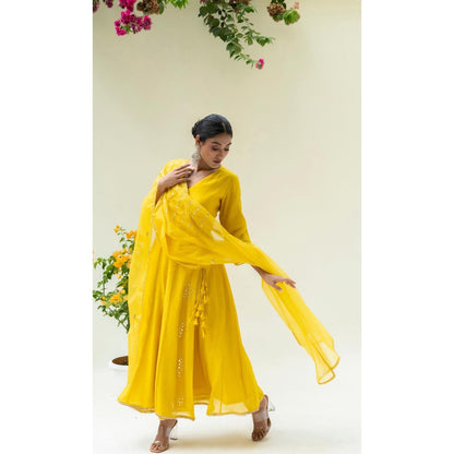 AM by Anita Mittal Yellow Muskat Angrakha Kurta with Pant and Dupatta