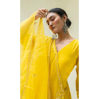 AM by Anita Mittal Yellow Muskat Angrakha Kurta with Pant and Dupatta
