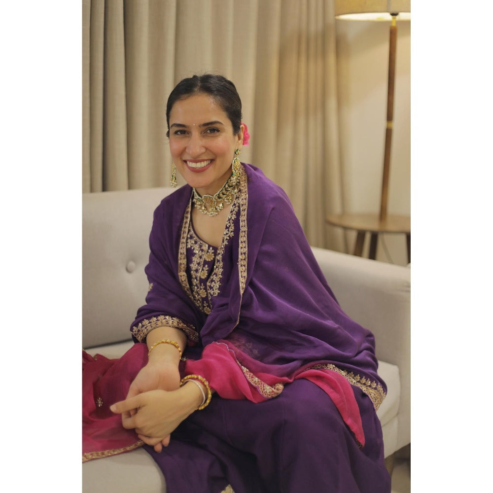 AM by Anita Mittal Purple Dahliya Anarkali Kurta with Pant and Dupatta
