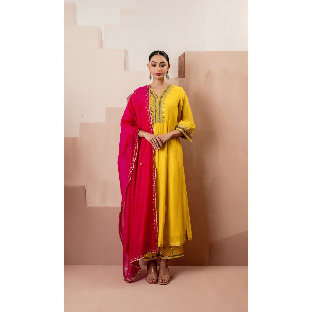 AM by Anita Mittal Sunehri A-Line Yellow Anarkali with Pant and Dupatta