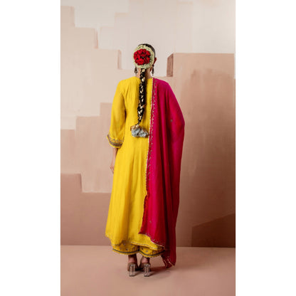 AM by Anita Mittal Sunehri A-Line Yellow Anarkali with Pant and Dupatta