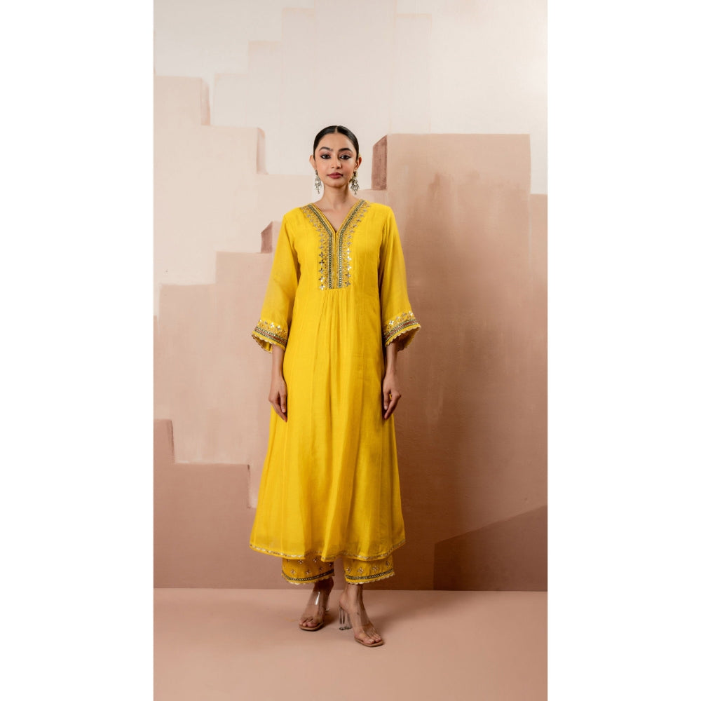 AM by Anita Mittal Sunehri A-Line Yellow Anarkali with Pant and Dupatta