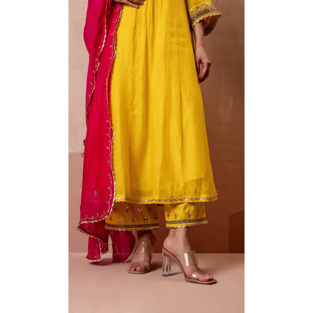 AM by Anita Mittal Sunehri A-Line Yellow Anarkali with Pant and Dupatta