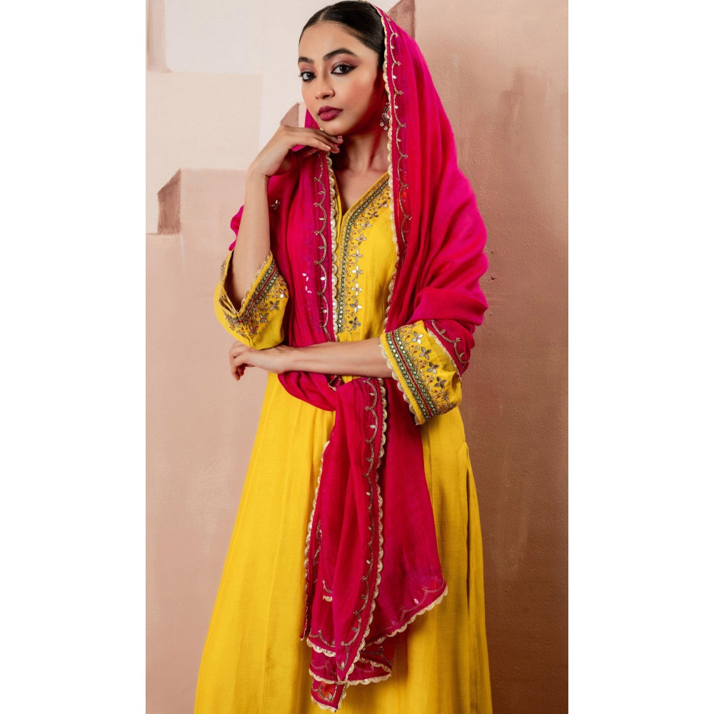 AM by Anita Mittal Sunehri A-Line Yellow Anarkali with Pant and Dupatta