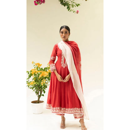 AM by Anita Mittal Parchhai Red Anarkali with Pant and Dupatta